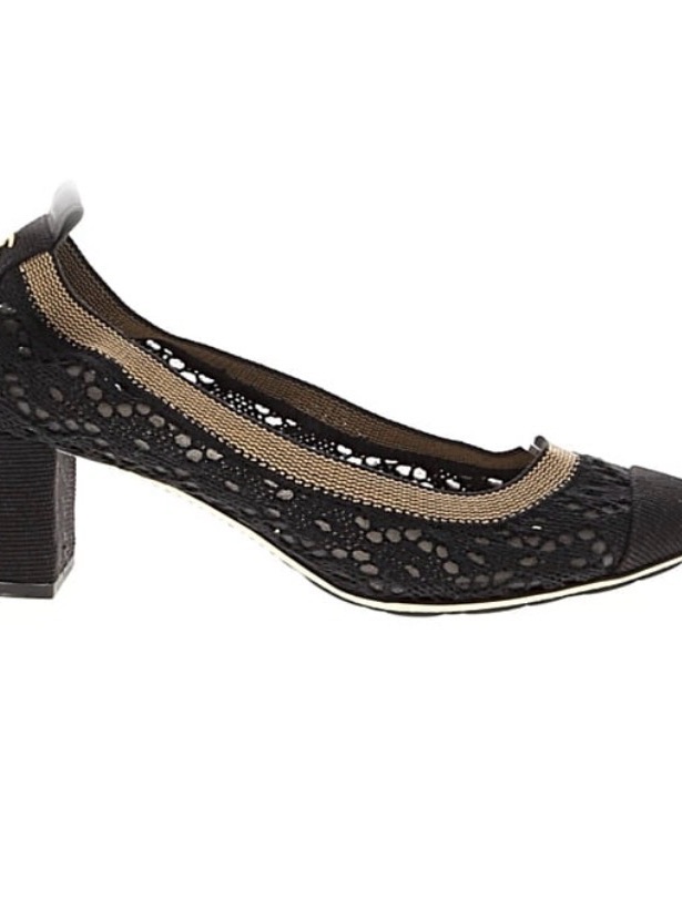 Chanel Black Lace Block Heel Pumps With Gold Trim Accent